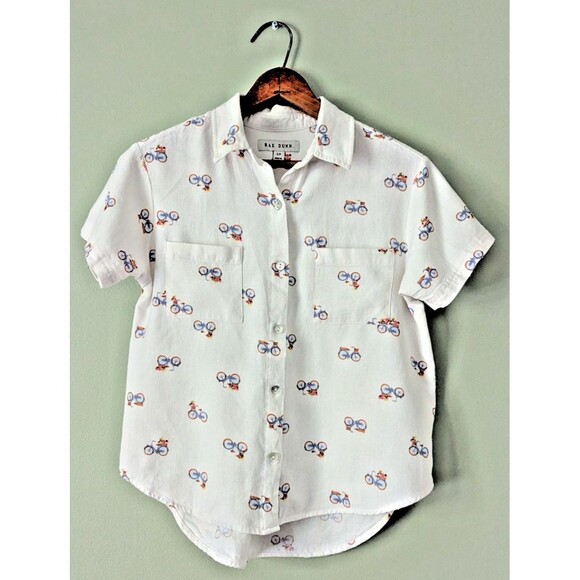 Rae Dunn Bicycle Print Button Down Shirt Womens Size Small White Linen Blend Top - Picture 1 of 6